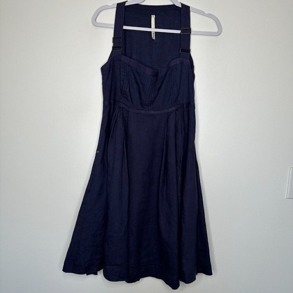 Firetrap Navy Blue Sleeveless Fit Flare Dress‎ Size L Linen Pintuck Pockets
